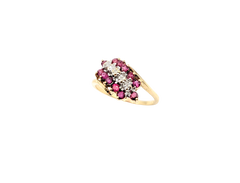 APPRAISED $450- 10KT Yellow Gold Bypass Ring with Round Rubies & Single Cut Diamonds