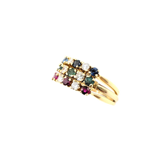 APPRAISED $2000- 14KT Yellow Gold Triple Band Ring with Round Brilliant Diamonds, Rubies, Sapphires, & Emeralds