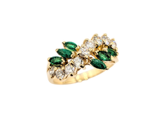 APPRAISED $1700- 14KT Yellow Gold Wave Style Ring with Marquise Emeralds & Round Brilliant Diamonds
