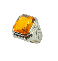APPRAISED $500 - 10KT White Gold Band with 1 Rectangle-Shaped Imitation Citrine in a Bezel Set