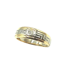 APPRAISED $1000- 14KT Two-Tone Greek Key Band with 3 Round Brilliant Diamonds -T-.06CT