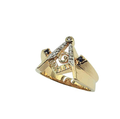 APPRAISED $1200- 10KT Yellow Gold Diamond and Sapphire Masonic Ring