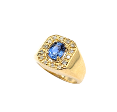 APPRAISED $3000- 14KT Yellow Gold Band with a Sapphire Center Stone Surrounded by a Rectangle Diamond Halo