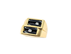 APPRAISED $2900- 14KT Yellow Gold Ring with a Rectangle Grooved Onyx and Sliding Round Brilliant Diamonds