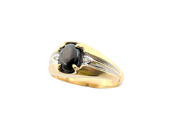APPRAISED $700- 10KT Two-Tone Gold Ring with an Oval Black Star Sapphire & Single Cut Diamonds