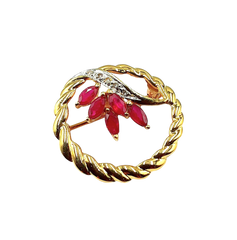 APPRAISED $1000 - 14KT Yellow Gold Circle Pin with 5 Marquise-Shaped Ruby (5x2.5mm) and 5 Single Cut Diamonds - T. - .02ct