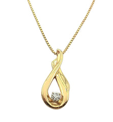 APPRAISED $2600- 14KT Yellow Gold Diamond Swirl Pendant Set on a 18" Box Link Chain
