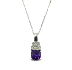 APPRAISED $450- 10KT White Gold Pendant with 1 Checkerboard Cushion Cut Amethyst (7MM) and 7 Round Brilliant Diamonds -T-.10CT
