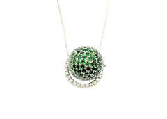 APPRAISED $2500- 14KT White Gold Sphere Pendant with Pave Set Green Garnet and Round Brilliant Diamonds