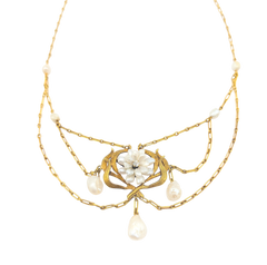 APPRAISED $2000- 14KT Yellow Gold Chandelier Design Necklace Made up of Freshwater Pearls and 1 Old European Diamond
