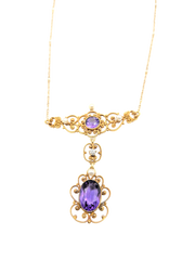 APPRAISED $1700- 14KT Yellow Gold Scroll Design Dangle Pendant with Milgrain Bezels of Freshwaters Pearls, 1 Old European Diamond & 1 Oval and Round Amethyst