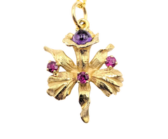 APPRAISED $1000- 14KT Flower Pendent with a Round Cabochon Amethyst & Round Rubies