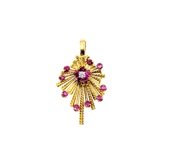 APPRAISED $3000- 18KT Yellow Gold Pendant with a Round Brilliant Diamond surrounded by Round Rubies in a Halo & Starburst Design