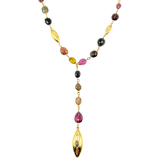 APPRAISED $ 3000- 14KT Yellow Gold Necklace with Multi-Colored Briolette Tourmalines Alternating with Gold Navette Beads