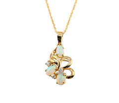 APPRAISED $1000- 14KT Yellow Gold Swirl Pendant with 3 Round Brilliant Diamonds and 3 Oval Opals