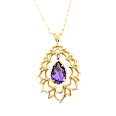 APPRAISED $850- 10KT Yellow Gold Pear Shape Amethyst in a Halo Design Pendant