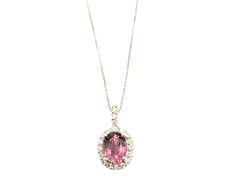 APPRAISED $1400- 14KT White Gold Pendant with an Oval Pink Tourmaline surrounded by Round Brilliant Diamonds in a Halo Design