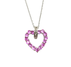 APPRAISED $450- 10KT White Gold Heart Pendant with Round Synthetic Pink Sapphires & Single Cut Diamonds