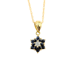 APPRAISED $750- 14KT Yellow Gold Flower Pendant with Sapphires and a Round Brilliant Diamond