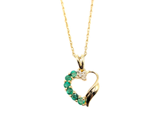 APPRAISED $600- 10KT Yellow Gold Heart Pendant with a Single Cut Diamond & Round Emeralds