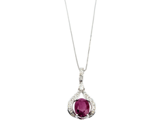 APPRAISED $2700- 18KT White Gold Pendant with an Oval Ruby & Pear-Shaped Diamond surrounded by Round Brilliant Diamonds