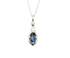 APPRAISED $1400- 14KT White Gold Pendant with a Marquise Sapphire & a Bezel Set Round Brilliant Diamond