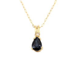 APPRAISED $550- 14KT Yellow Gold Pendant with a Pear Shape Sapphire & a Round Brilliant Diamond set on an 20" Fine Anchor Link Chain