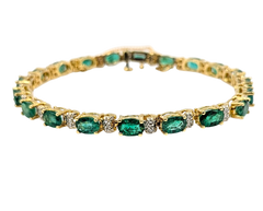 APPRAISED $4000- 14KT Yellow Gold Tennis Style Bracelet with Alternating Oval Emeralds & Single Cut Diamonds