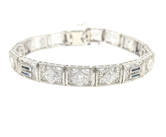 APPRAISED $3300- 10KT White Gold Bracelet with Baguette Synthetic Sapphires & Old European Diamonds