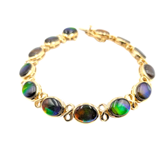 APPRAISED $3900- 14KT Yellow Gold Infinity Link Bracelet with Bezel Set Ammolite Doublets