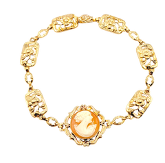 APPRAISED $1000- 10KT Yellow Gold Rectangle Floral Design Link Bracelet with a Round Cameo