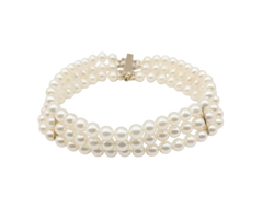 APPRAISED $900- 14KT Yellow Gold Triple Strand of Cultured Pearls Bracelet with Yellow Gold Separator Bars