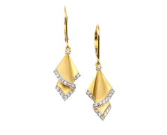 APPRAISED $2800- 14KT Yellow Gold Satin Finished Wavy Fan Design Dangle Leverback Earrings with Round Brilliant Diamonds